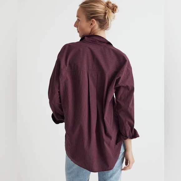 Madewell Poplin Side-Panel Dolman Button-Up Shirt in Stripe in Smoldering Plum - Picture 4 of 11